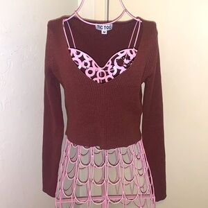 Tic Toc Brown Ribbed V-Neck Cropped Sweater #TC27172-Medium